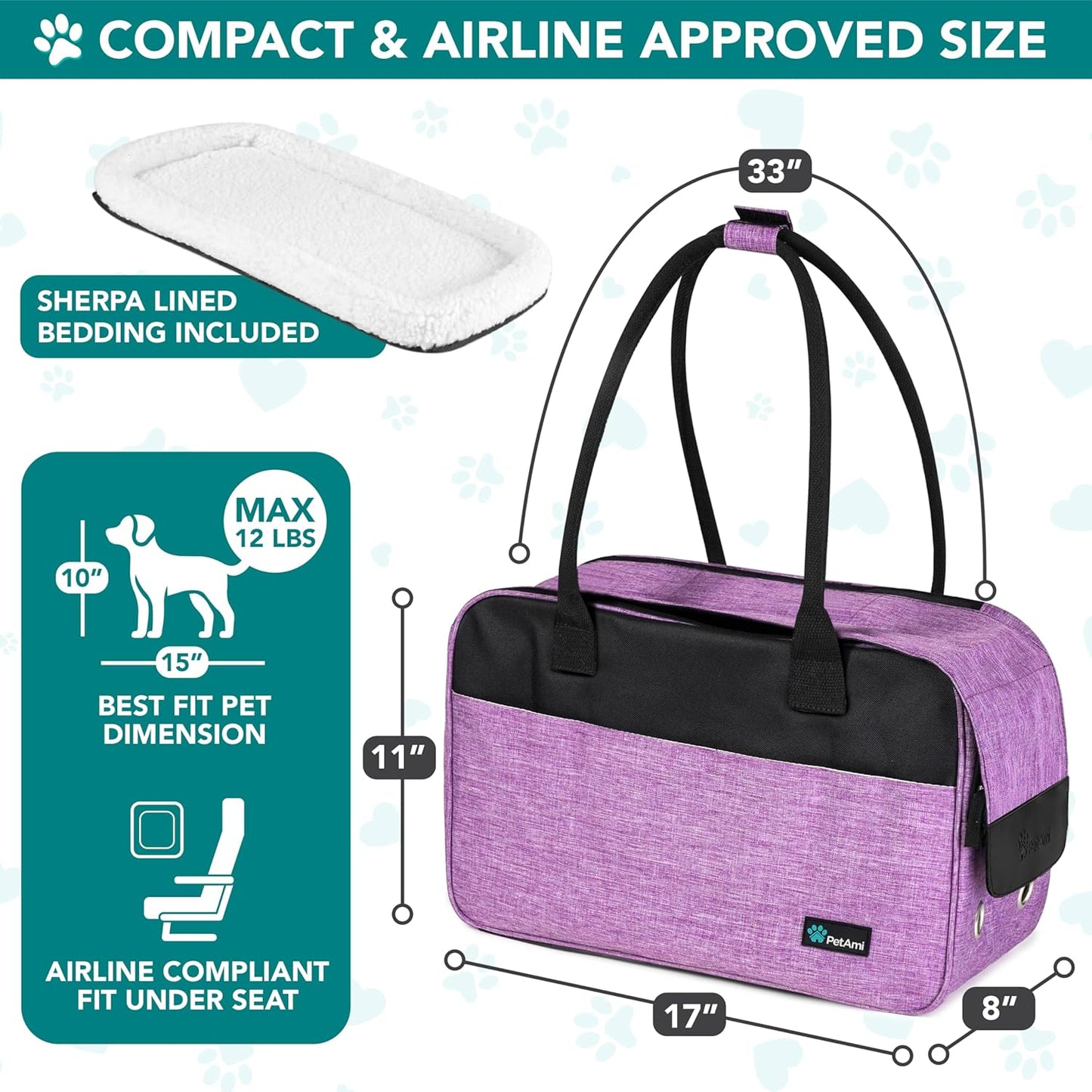 Dog Purse Carrier for Small Dogs, Airline Approved Soft Sided Pet Carrier with Pockets, Ventilated Dog Carrying Bag for Puppy Cat, Dog Travel Supplies Bag, Sherpa Bed, Max 12 Lbs, Purple
