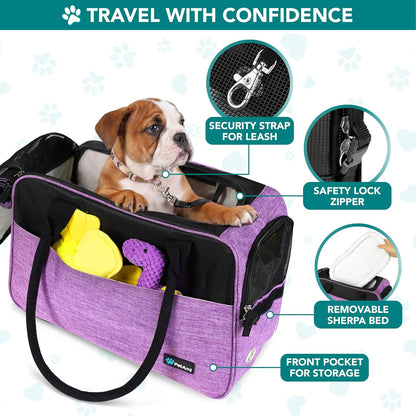 Dog Purse Carrier for Small Dogs, Airline Approved Soft Sided Pet Carrier with Pockets, Ventilated Dog Carrying Bag for Puppy Cat, Dog Travel Supplies Bag, Sherpa Bed, Max 12 Lbs, Purple