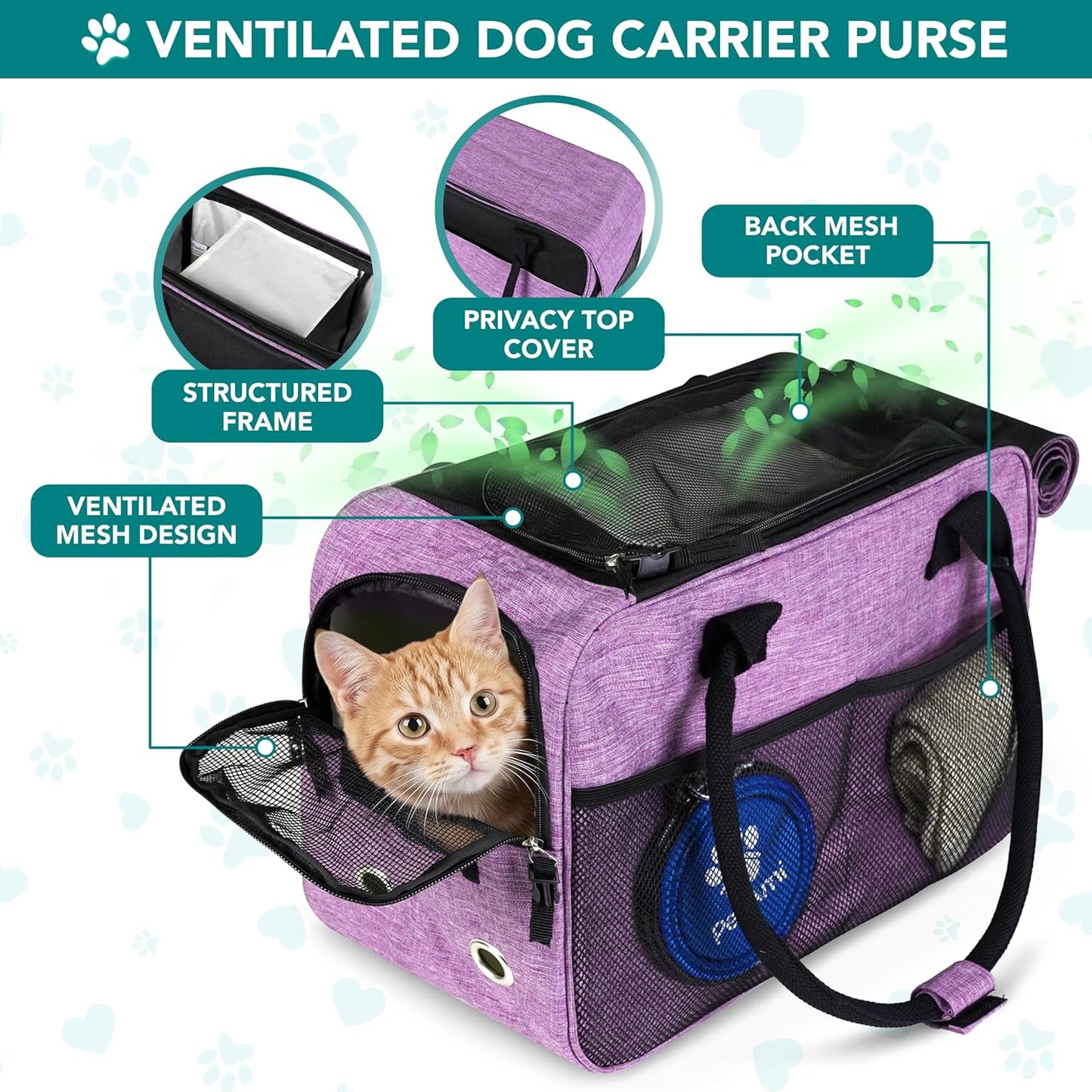 Dog Purse Carrier for Small Dogs, Airline Approved Soft Sided Pet Carrier with Pockets, Ventilated Dog Carrying Bag for Puppy Cat, Dog Travel Supplies Bag, Sherpa Bed, Max 12 Lbs, Purple