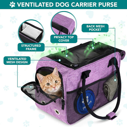 Dog Purse Carrier for Small Dogs, Airline Approved Soft Sided Pet Carrier with Pockets, Ventilated Dog Carrying Bag for Puppy Cat, Dog Travel Supplies Bag, Sherpa Bed, Max 12 Lbs, Purple
